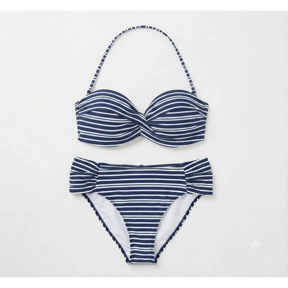Bikini Set Womens Medium Navy White Striped High Leg Ruched EUC